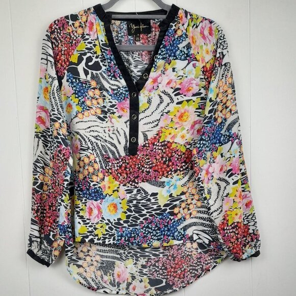 Yumi Kim Tops - Yumi Kim Size XS Floral 100% Silk Multicolor High Low Hemline Long Sleeve Blouse